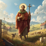 St. Isidore the Farmer, patron saint of farmers, in a peaceful agricultural setting with farming elements