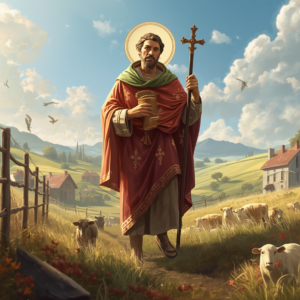 St. Isidore the Farmer, patron saint of farmers, in a peaceful agricultural setting with farming elements