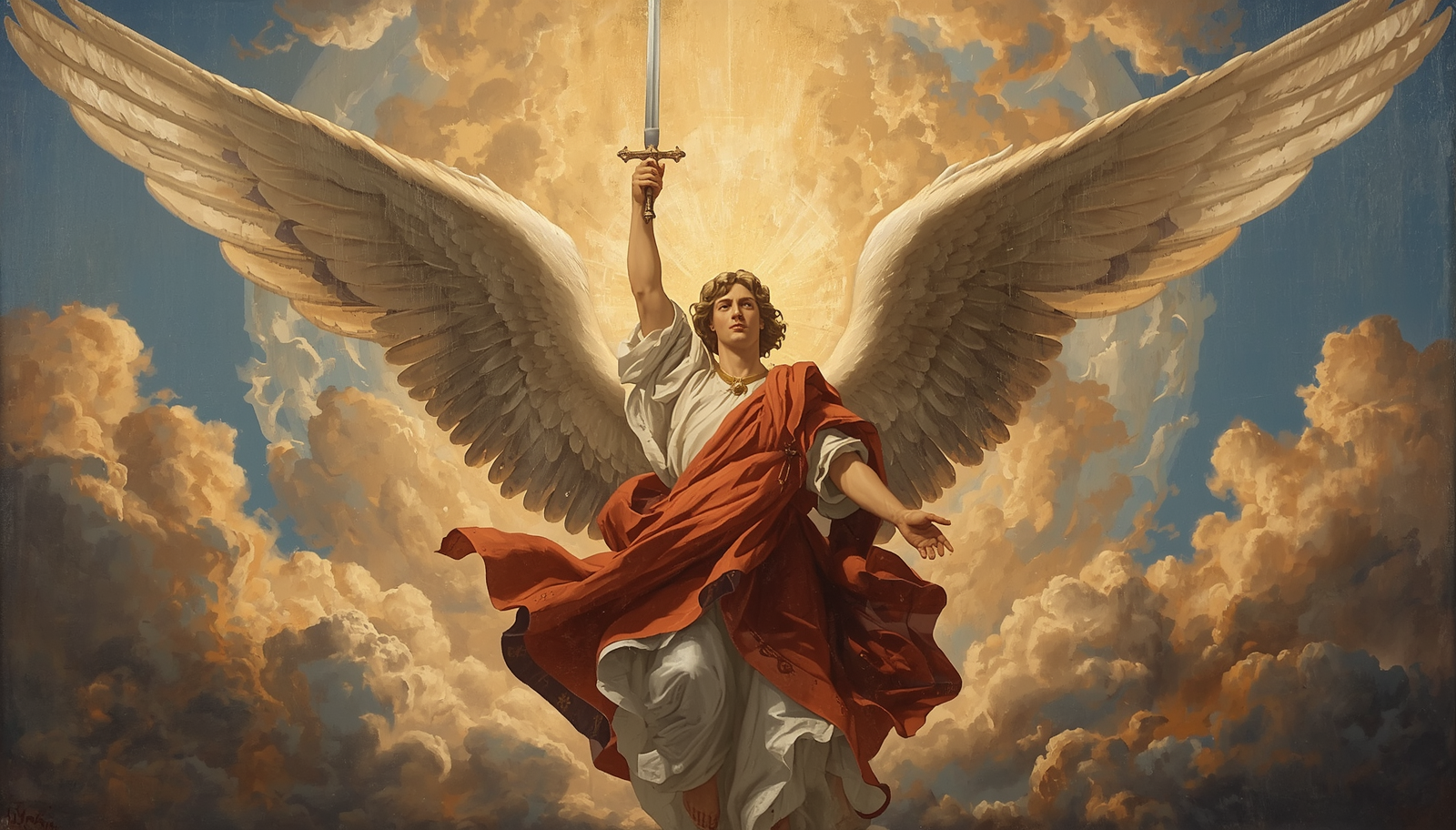 St. Michael the Archangel, powerful angelic warrior with wings, holding a sword, in traditional religious iconography style (1)